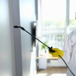 professional worker doing office disinfection