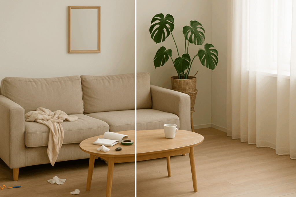 Side-by-side photo showing a cluttered living room on the left and a clean, organized living room on the right, highlighting the calming effect of a tidy space.