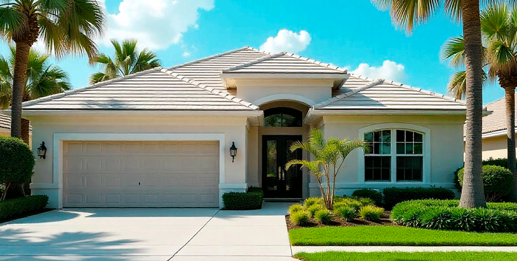 Front view of a modern Florida home with a neatly maintained lawn, palm trees, and bright blue sky—ideal exterior conditions where indoor humidity management is key.