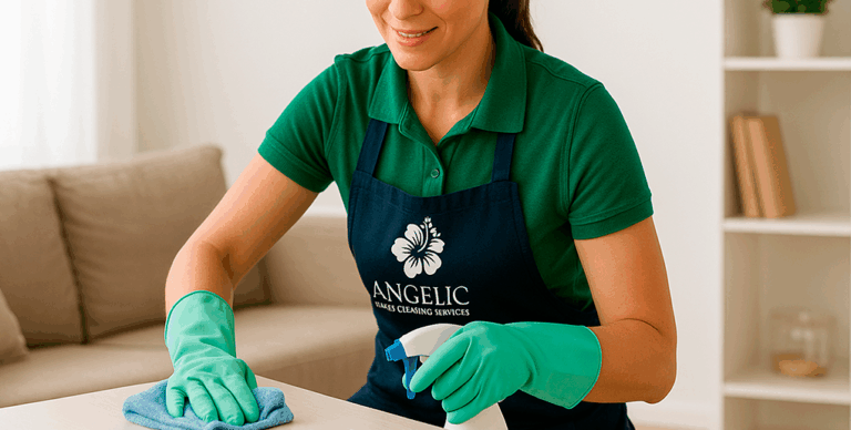 Woman cleaning a table as part of professional house cleaning services by Angelic Maids.